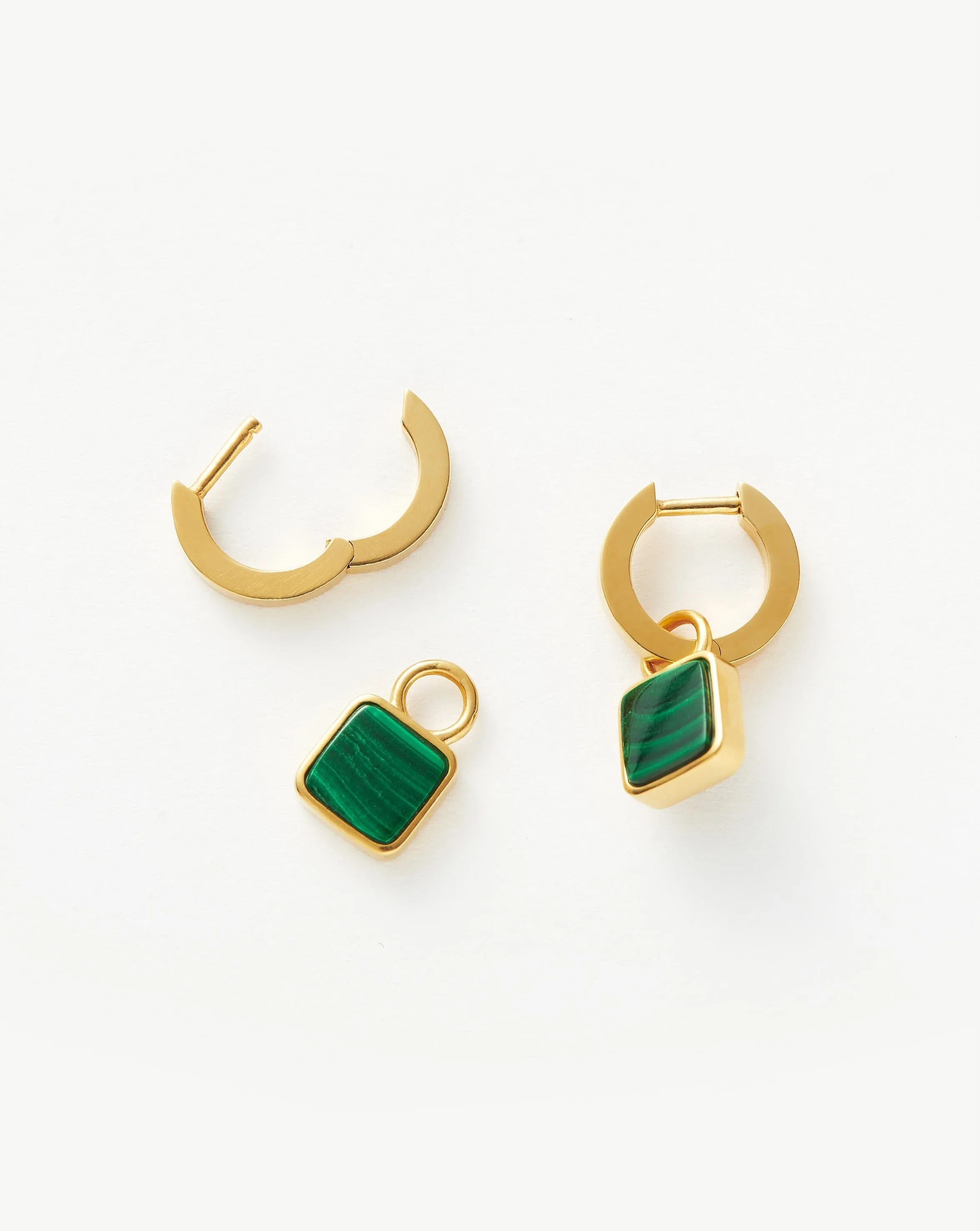 Lucy Williams Square Malachite Charm Mini Hoop Earrings  | 18ct Gold Plated Vermeil/Malachite