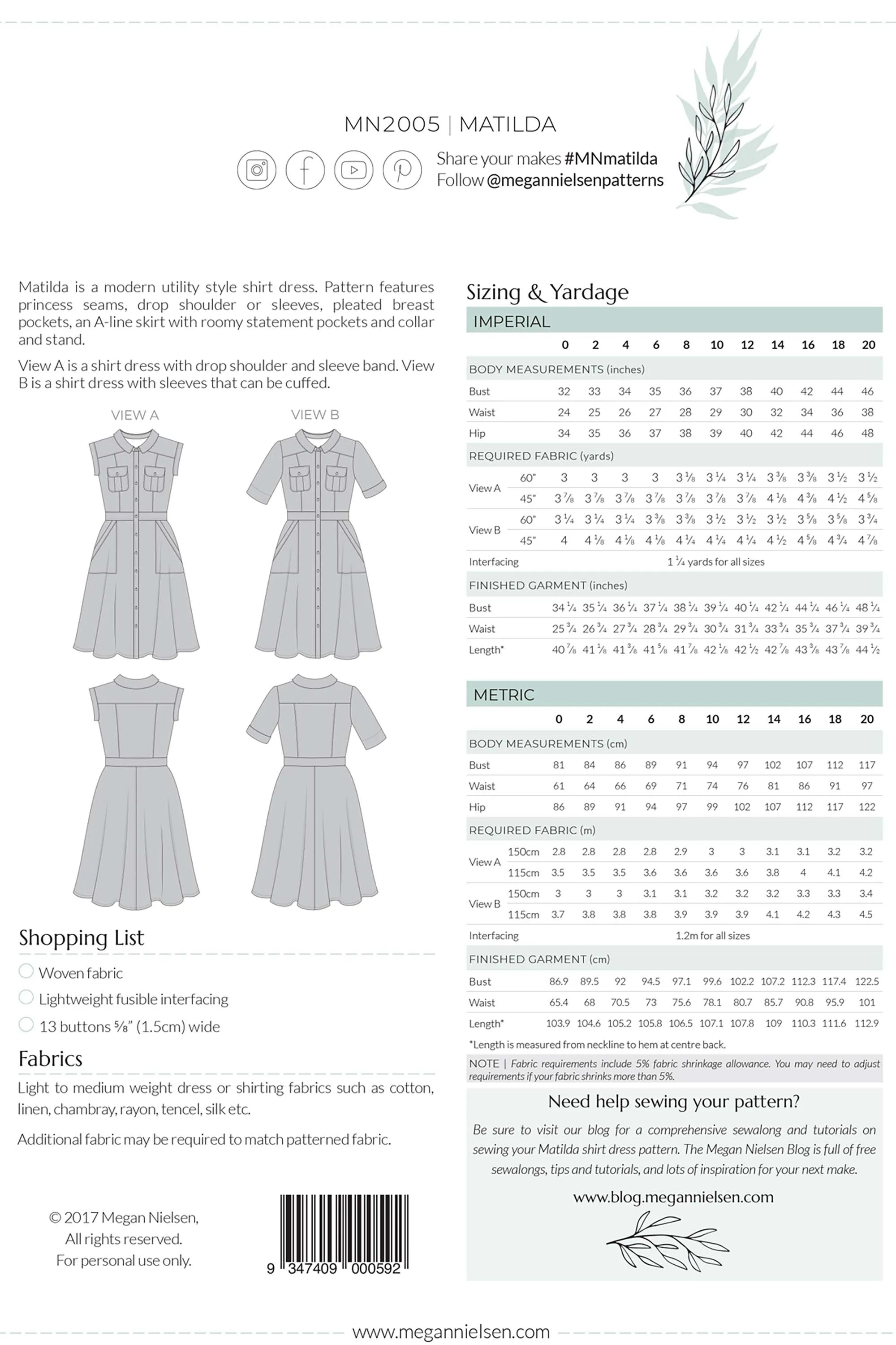 Matilda Dress Sewing Pattern by Megan Nielsen Patterns, sizes 0-20