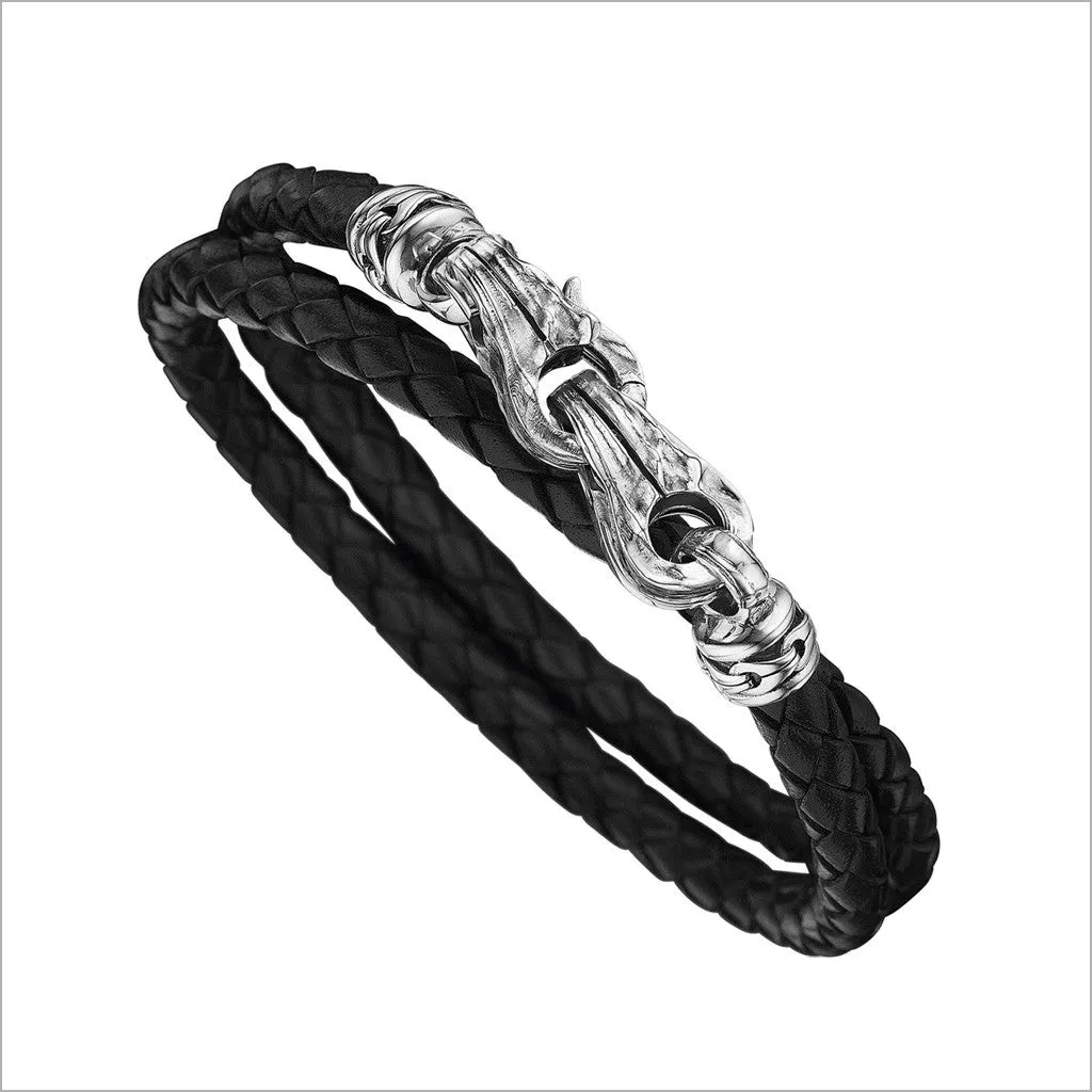 Men's Centauro Black Leather & Textured Sterling Silver Bracelet