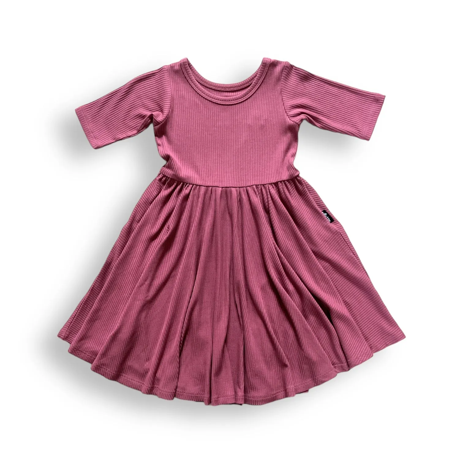 MID SLEEVE TWIRL DRESS- Mauve Ribbed