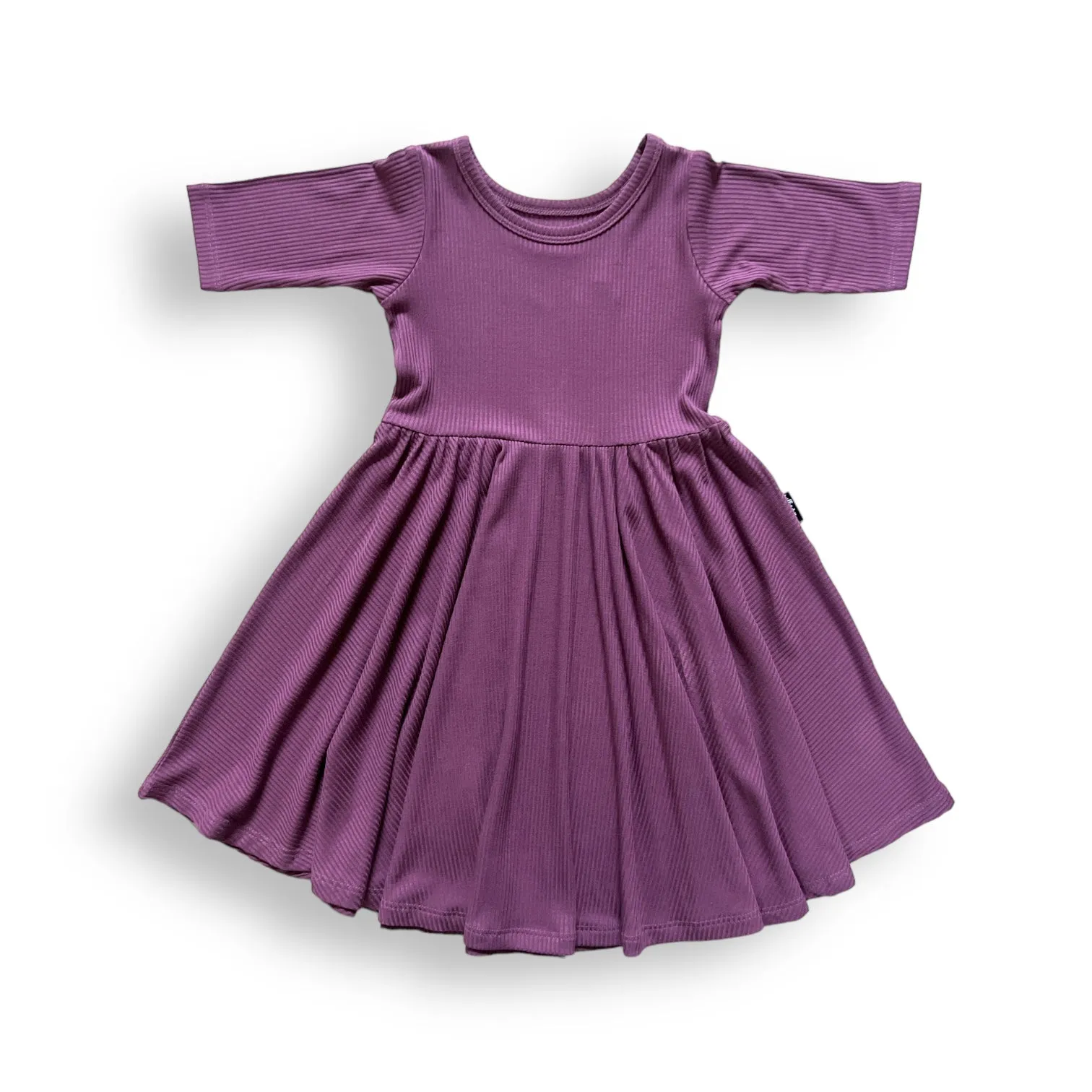 MID SLEEVE TWIRL DRESS- Plum Ribbed