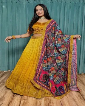 Mustard Yellow Chinon Silk Heavy Work Unstitched Lehenga Choli Set