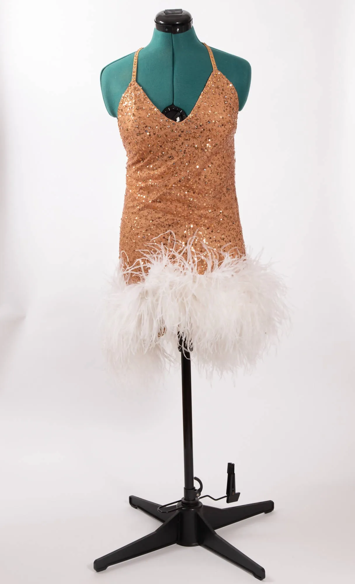 Nude Sequin White Ostrich Feathers Latin Dress