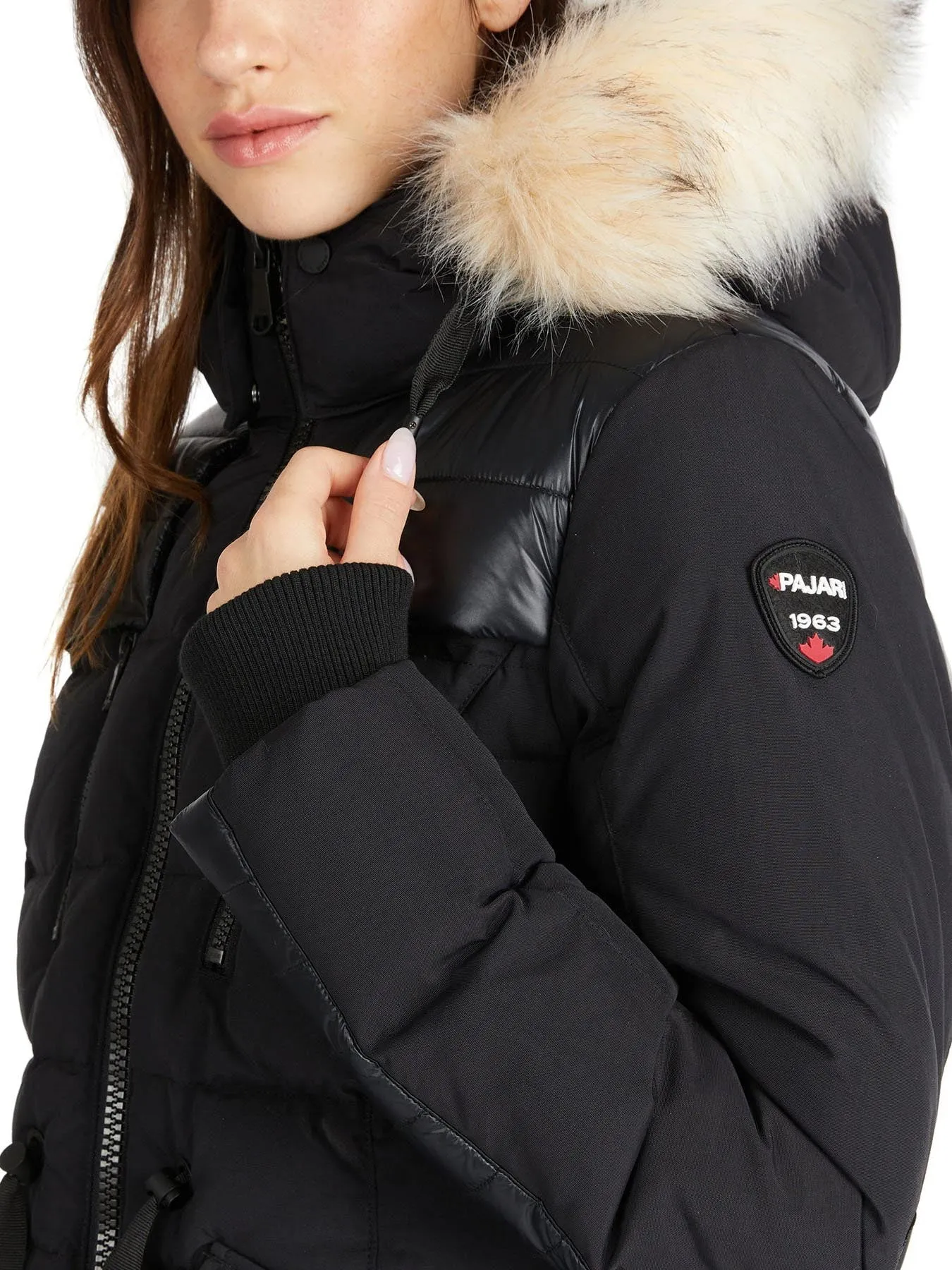 Pajar Womens Alia Mixed Media Quilted Parka with Det Hood Fur Trim - BLACK