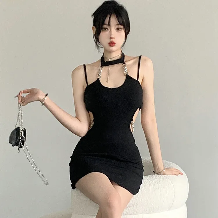 "Queen Lady"  Black Slim Chain Strap Collar Dress