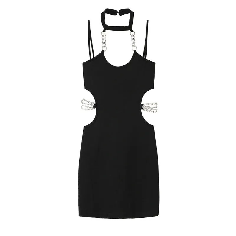 "Queen Lady"  Black Slim Chain Strap Collar Dress