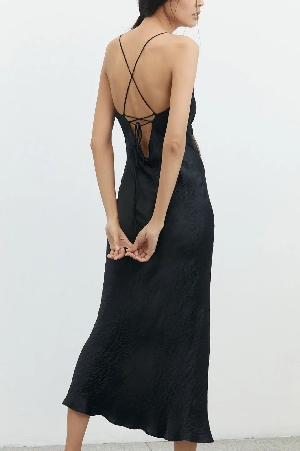 River Bed Black Slip Bias Lace Back Midi Dress