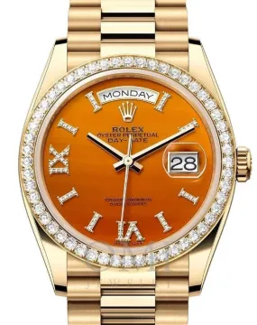 ROLEX DAY-DATE 36 PRESIDENT YELLOW GOLD CARNELIAN ORANGE DIAL DIAMOND BEZEL 128348RBR WITH PRESIDENT YELLOW GOLD OYSTER BRACELET