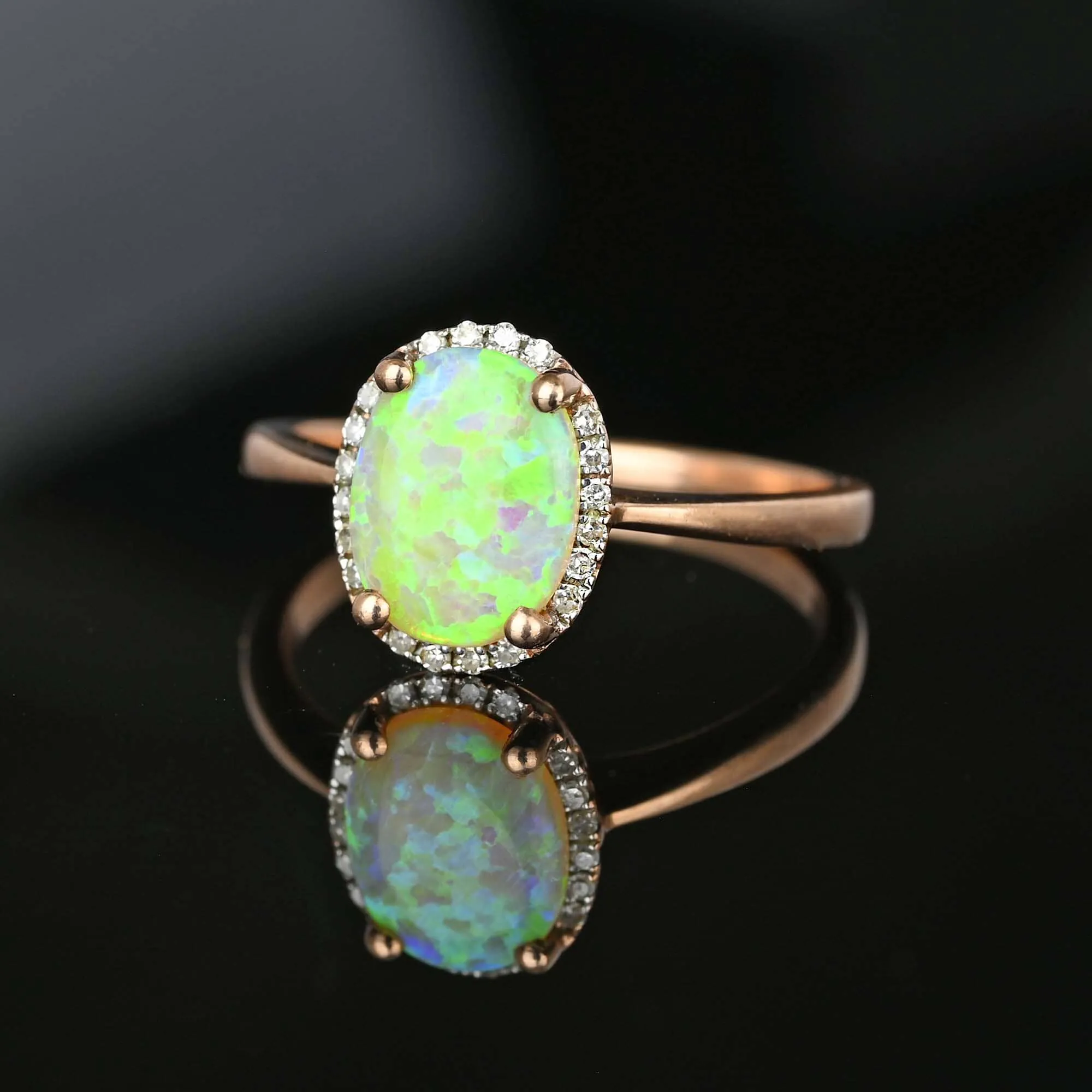 Rose Gold Diamond Cluster Halo Opal Ring