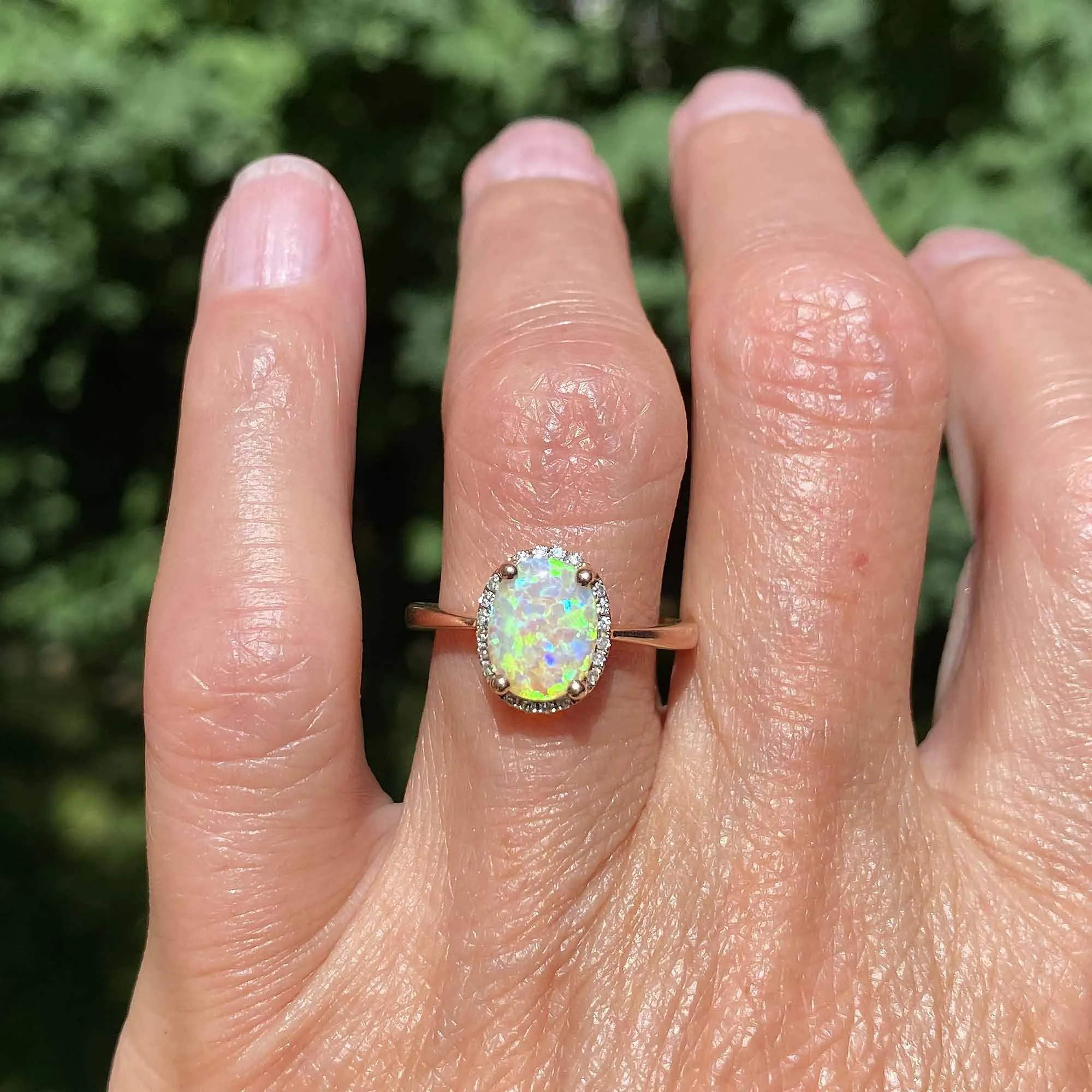 Rose Gold Diamond Cluster Halo Opal Ring