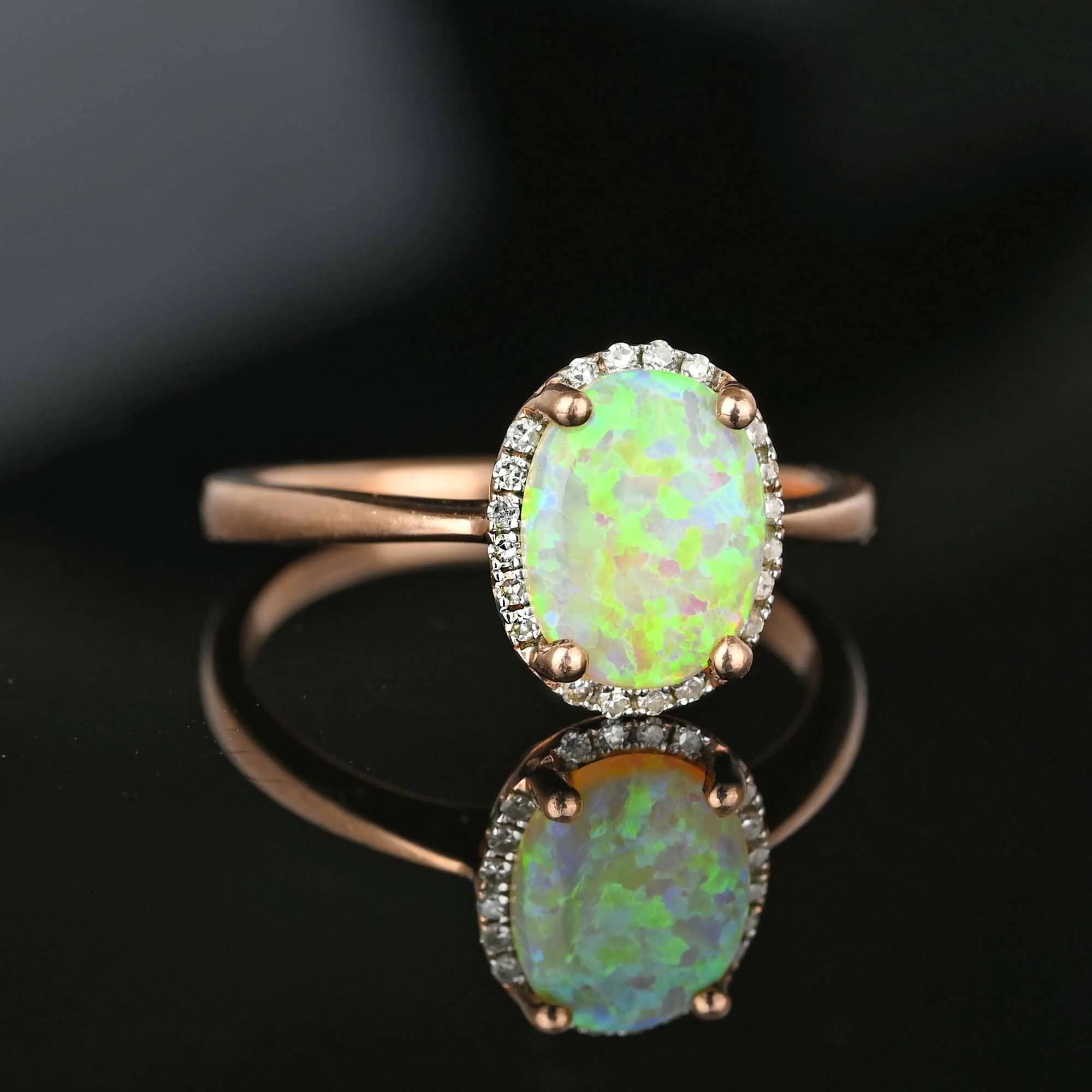 Rose Gold Diamond Cluster Halo Opal Ring