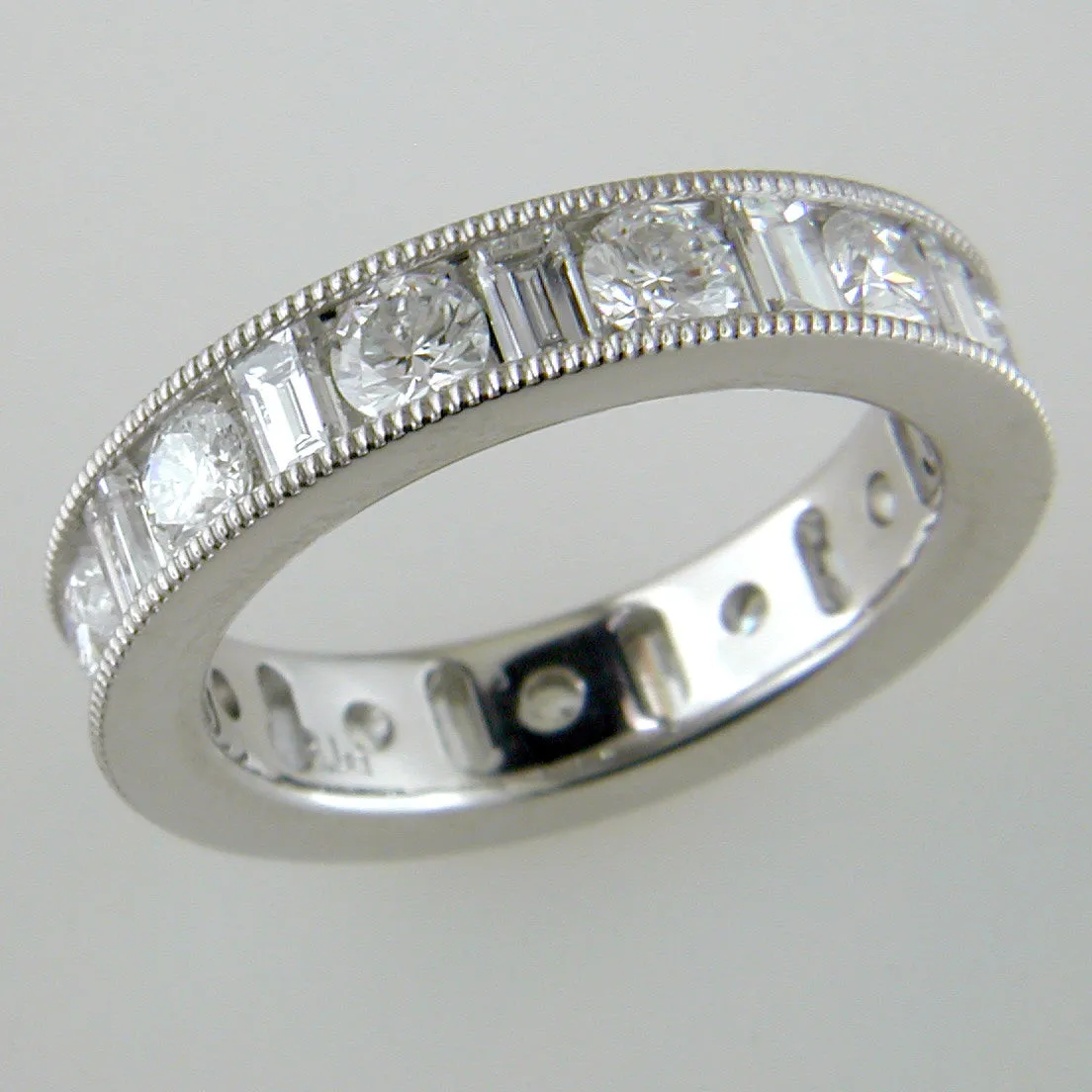 Round & Straight Diamond Baguette Channel Set Platinum Ring Stackable Band 2.25 carats