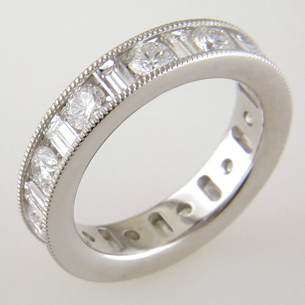 Round & Straight Diamond Baguette Channel Set Platinum Ring Stackable Band 2.25 carats