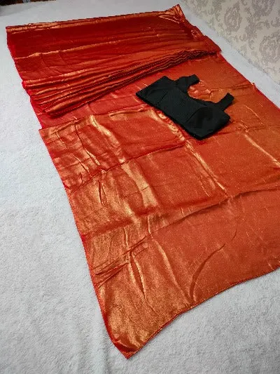 Rust Gold Ready to Wear Shimmer Satin Silk Pre Draped Sari