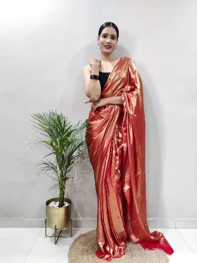 Rust Gold Ready to Wear Shimmer Satin Silk Pre Draped Sari