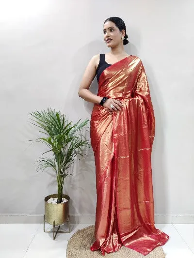 Rust Gold Ready to Wear Shimmer Satin Silk Pre Draped Sari