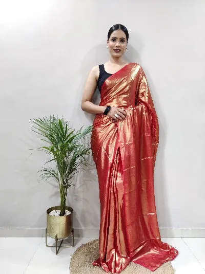 Rust Gold Ready to Wear Shimmer Satin Silk Pre Draped Sari