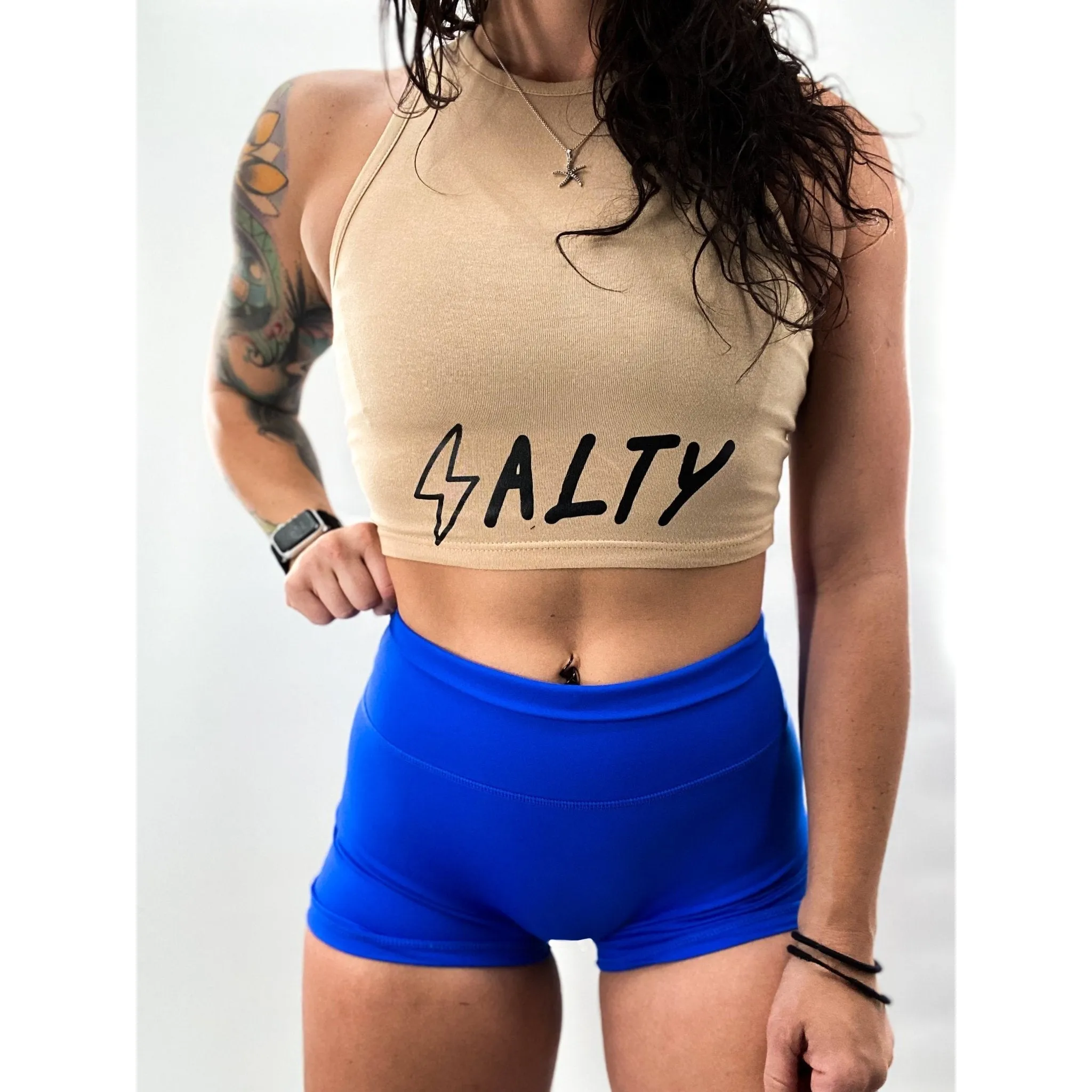 Salty Savage Ladies "90's Bold Edition" High Neck Sleeveless Crop Tank | Khaki/Black