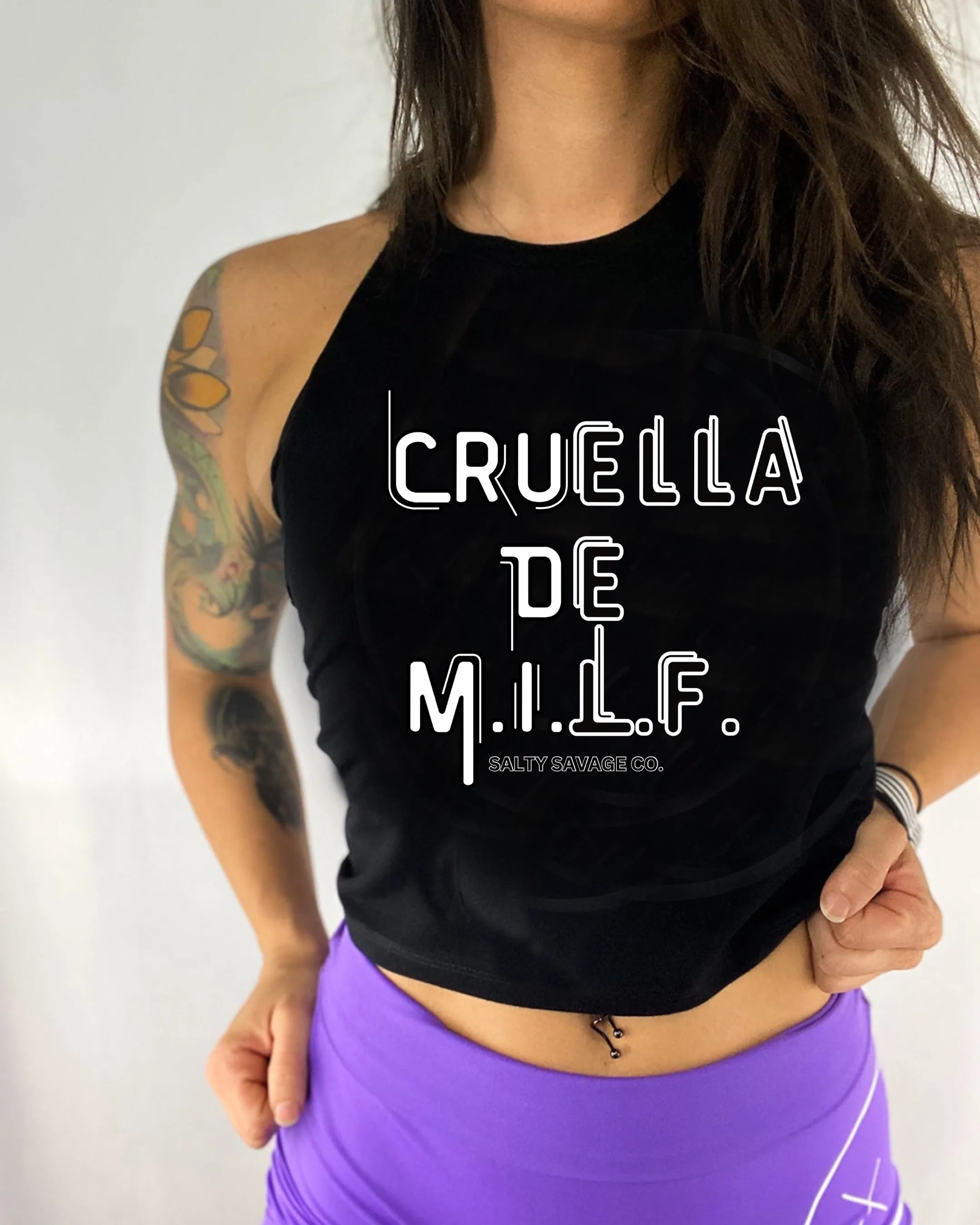 Salty Savage Ladies "Cruella De M.I.L.F" Flowy Crop Tank