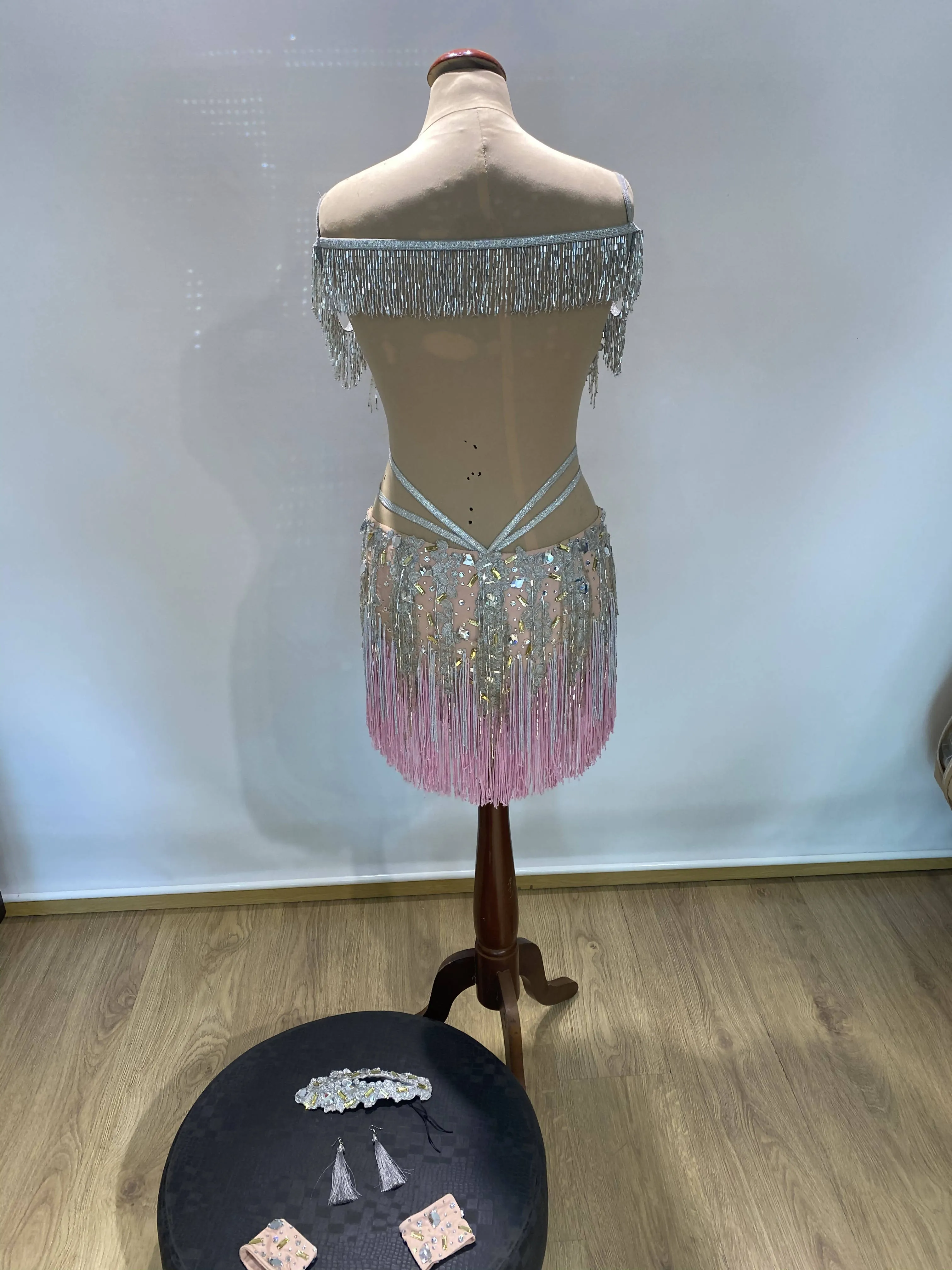 Silver & Pink Latin Dress with Fringe