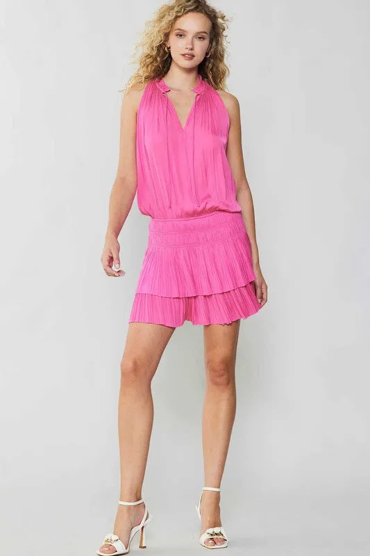 Sleeveless Split Ruffled Neck w/ Tie Mini Dress - Azalea