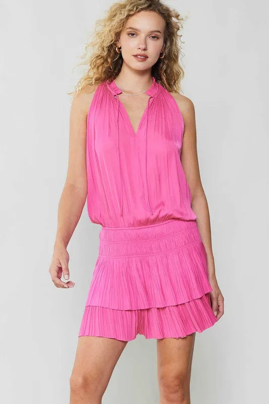 Sleeveless Split Ruffled Neck w/ Tie Mini Dress - Azalea