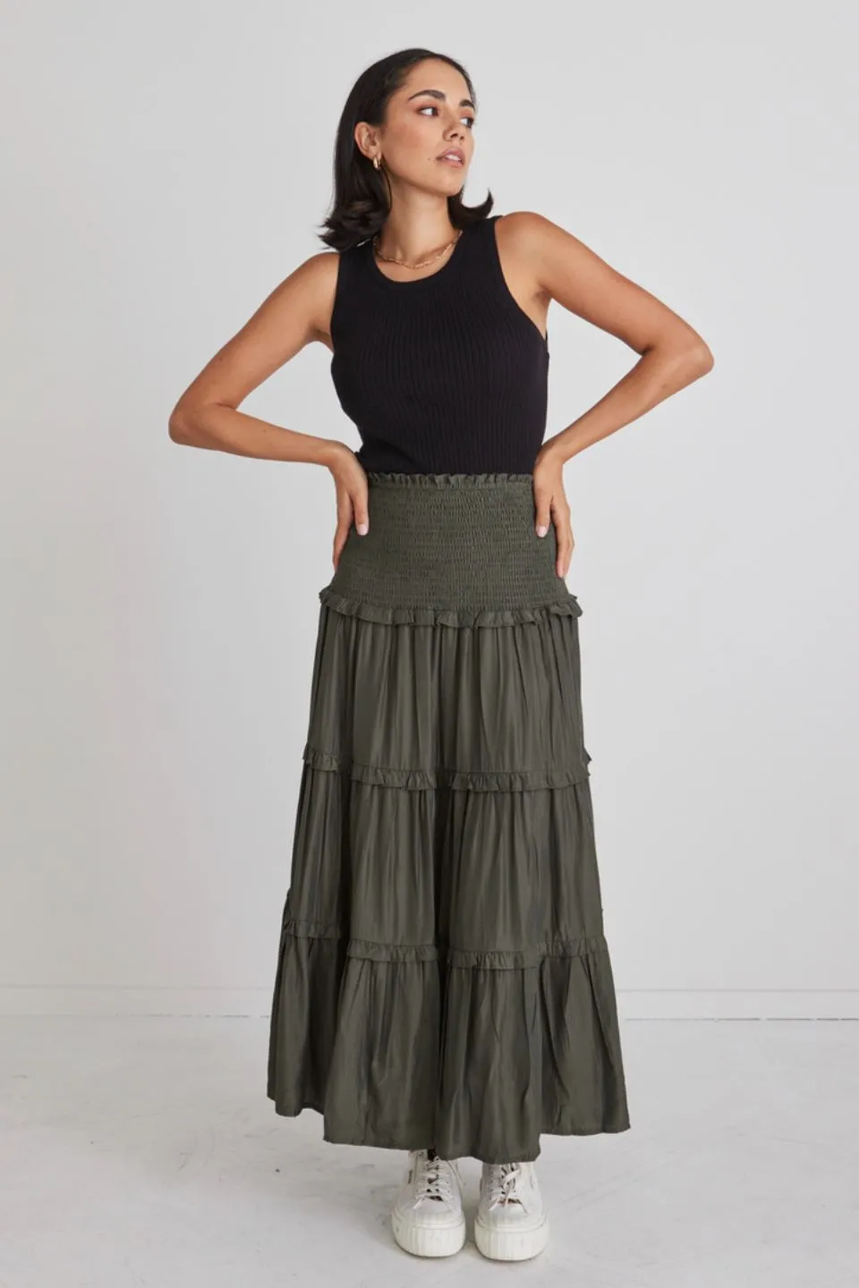 Soaring High Dark Khaki Satin Shirred Waist Tiered Midi Skirt