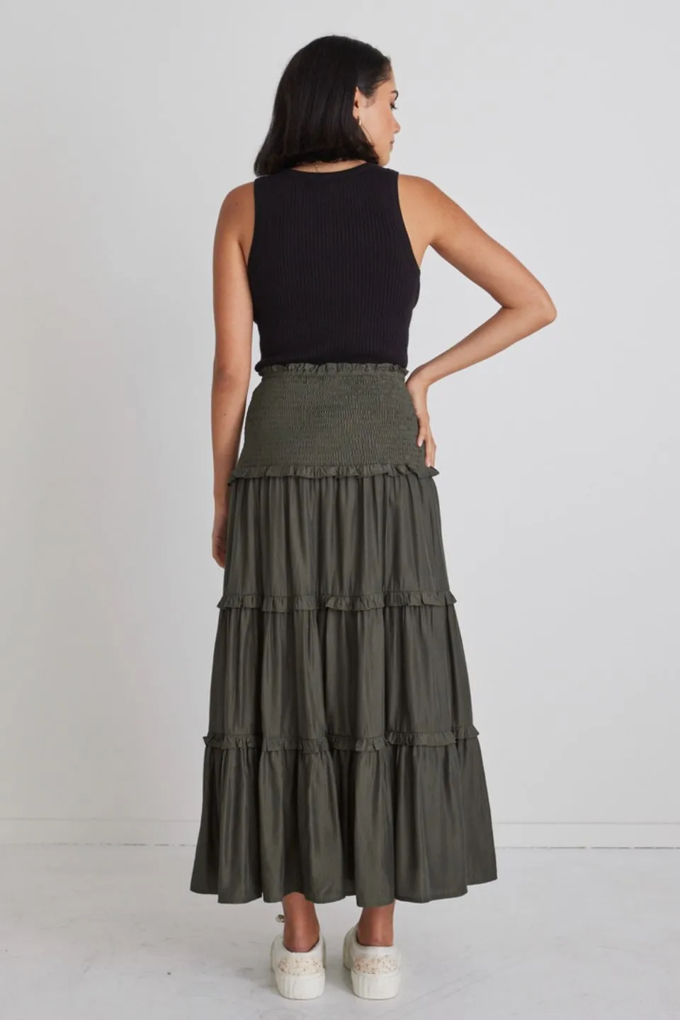 Soaring High Dark Khaki Satin Shirred Waist Tiered Midi Skirt