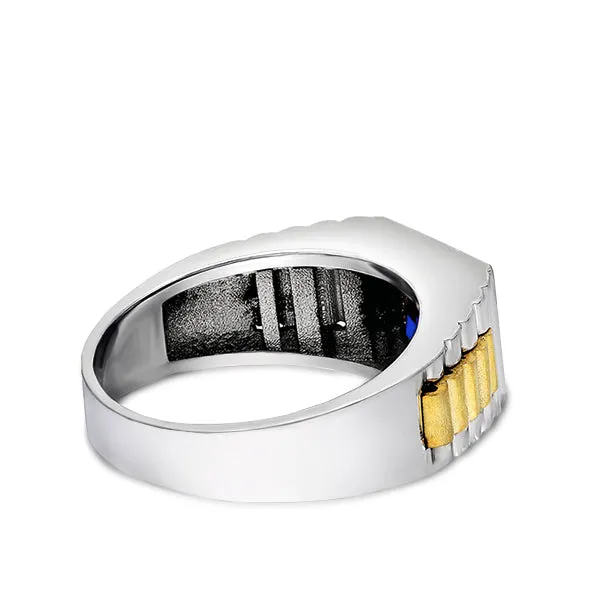 Solid Fine 14k White Gold Men's Ring with Rectangle Blue Sapphire Gemstone All Sz