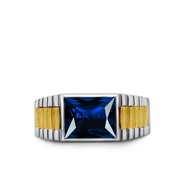 Solid Fine 14k White Gold Men's Ring with Rectangle Blue Sapphire Gemstone All Sz