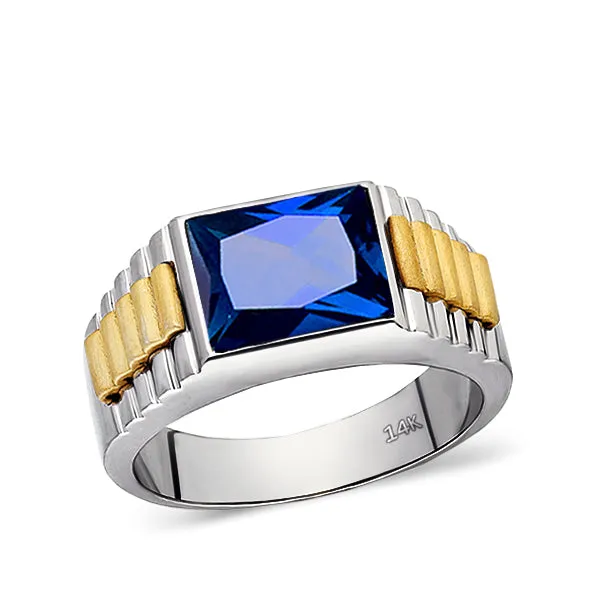 Solid Fine 14k White Gold Men's Ring with Rectangle Blue Sapphire Gemstone All Sz