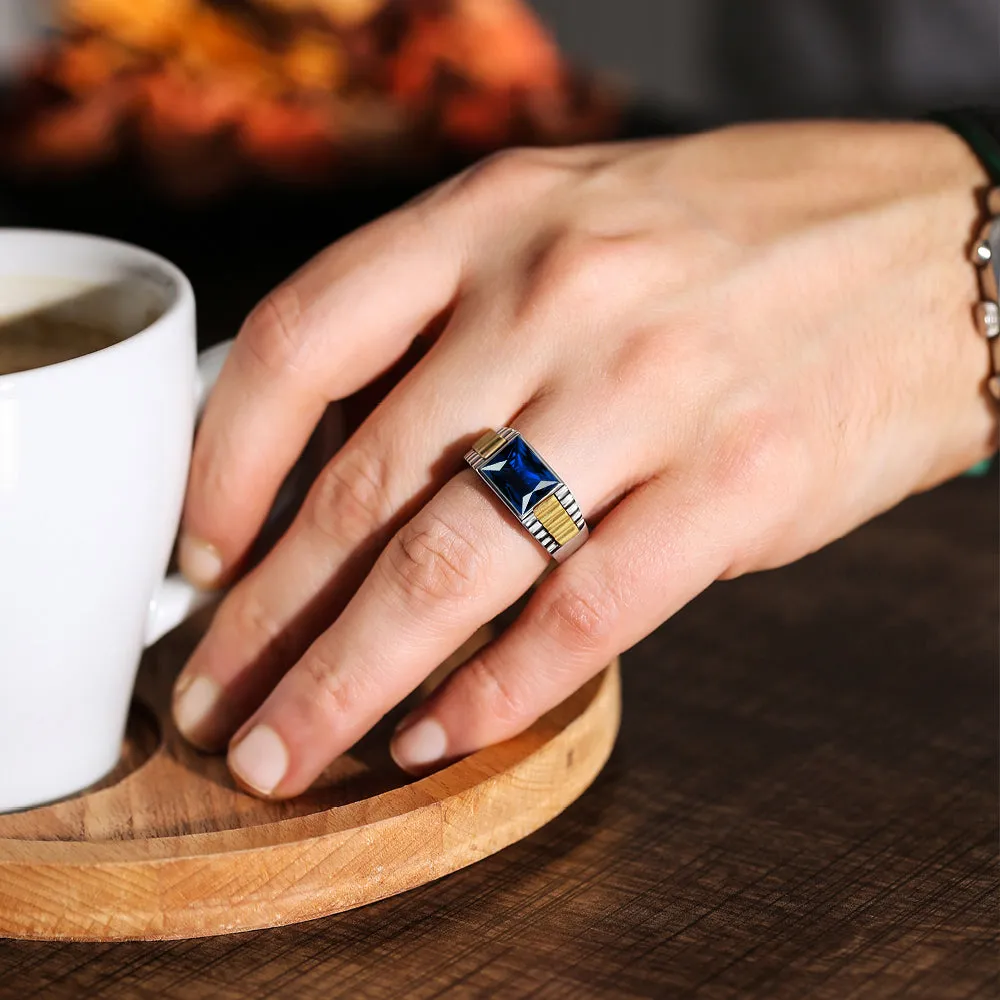 Solid Fine 14k White Gold Men's Ring with Rectangle Blue Sapphire Gemstone All Sz