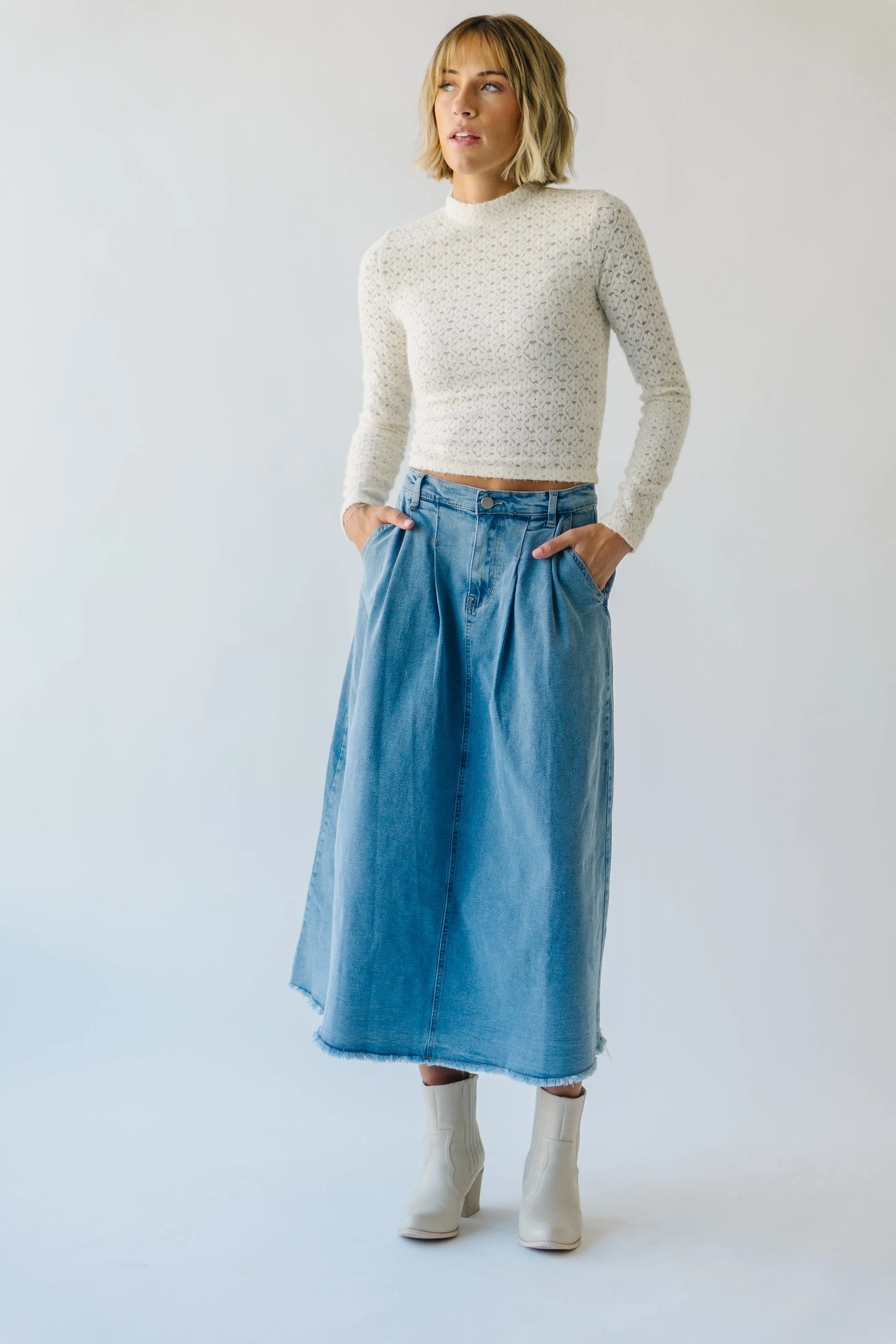 The Waleska Pleated Maxi Skirt in Denim