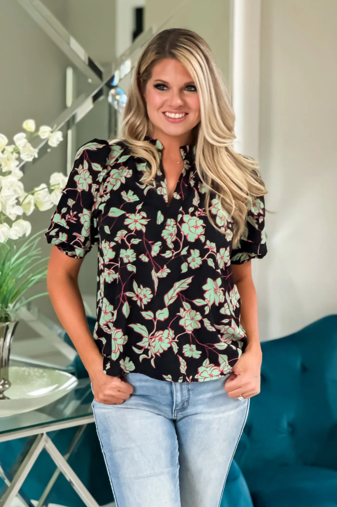 THML WInding Road Tiered Puff Sleeve Floral Blouse : Black/Green/Pink