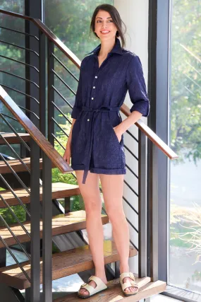 Tie Front Romper Navy Crushed Textured Jacquard