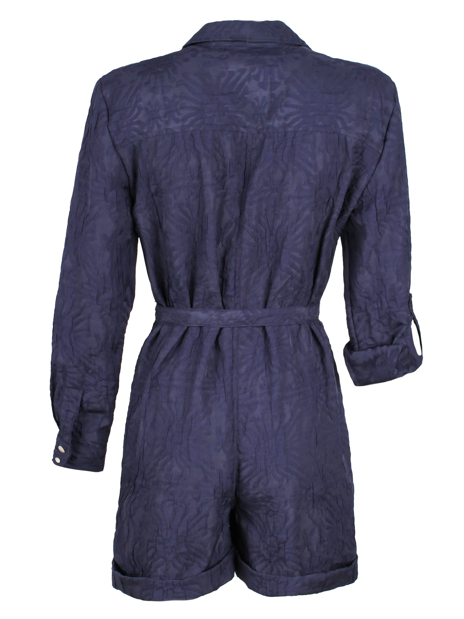 Tie Front Romper Navy Crushed Textured Jacquard