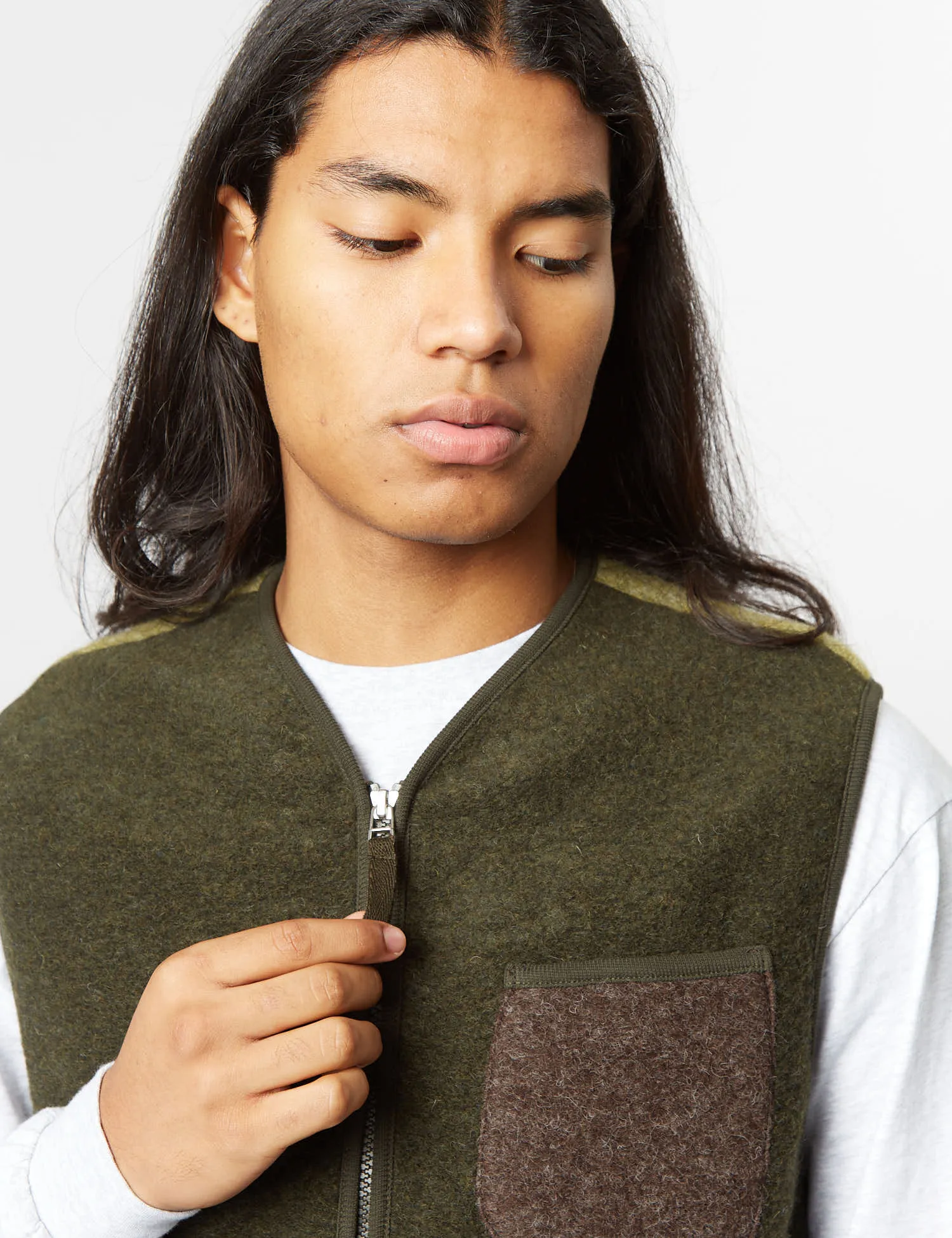 Universal Works Mixed Zip Gilet - Olive Green