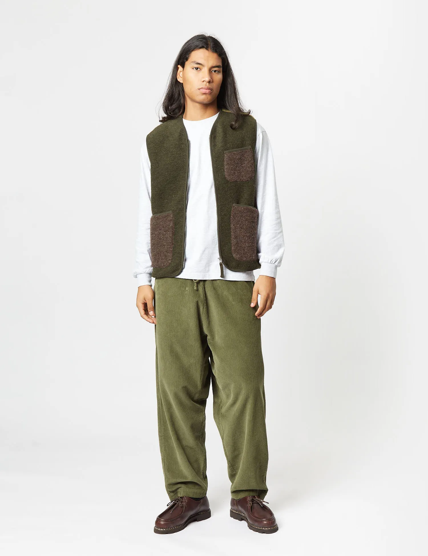 Universal Works Mixed Zip Gilet - Olive Green