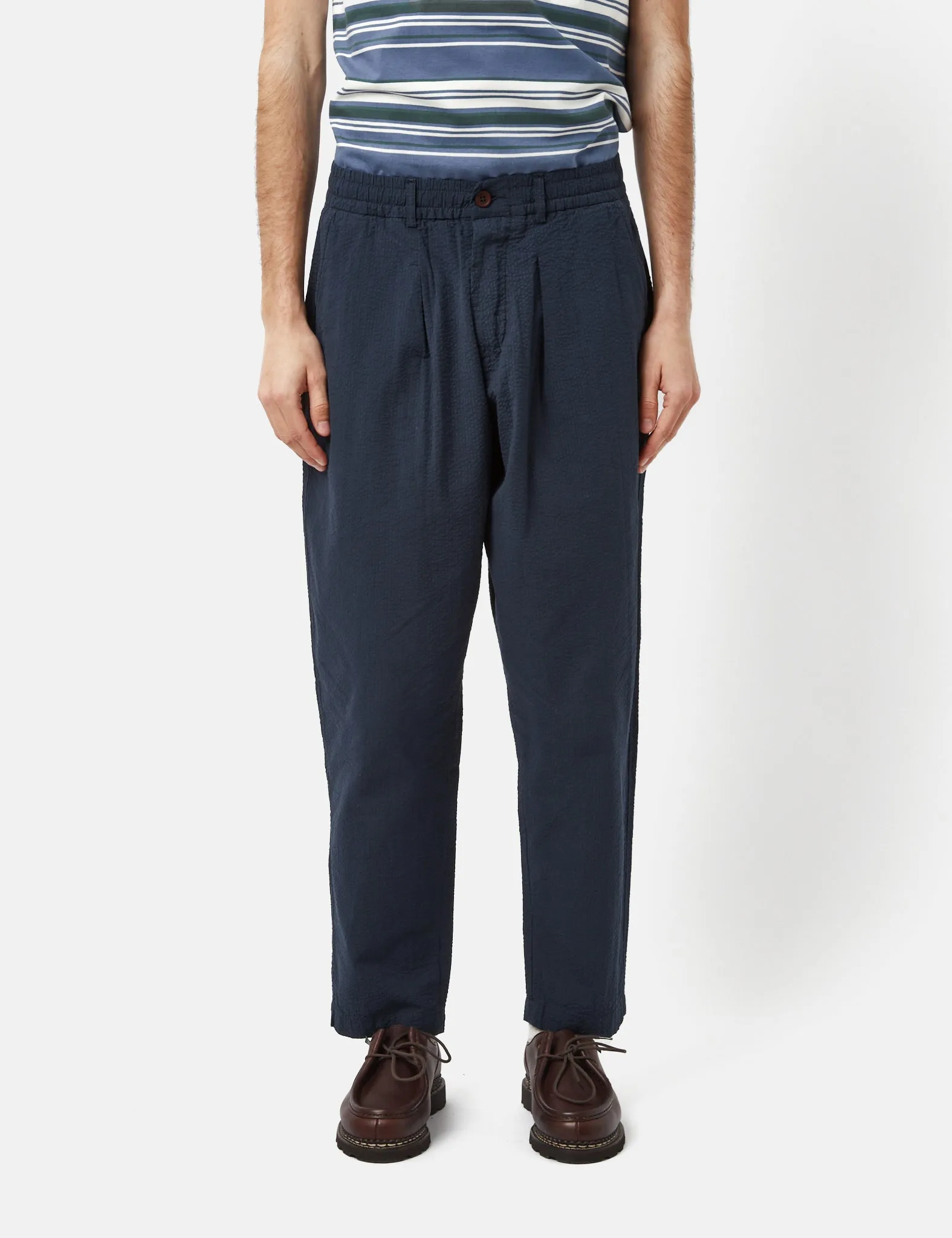 Universal Works Pleated Seersucker Track Pant (Relaxed) - Navy Blue