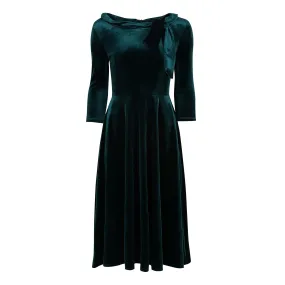 Velour Emerald Green Tie 1/2 Sleeve Vintage Swing Dress