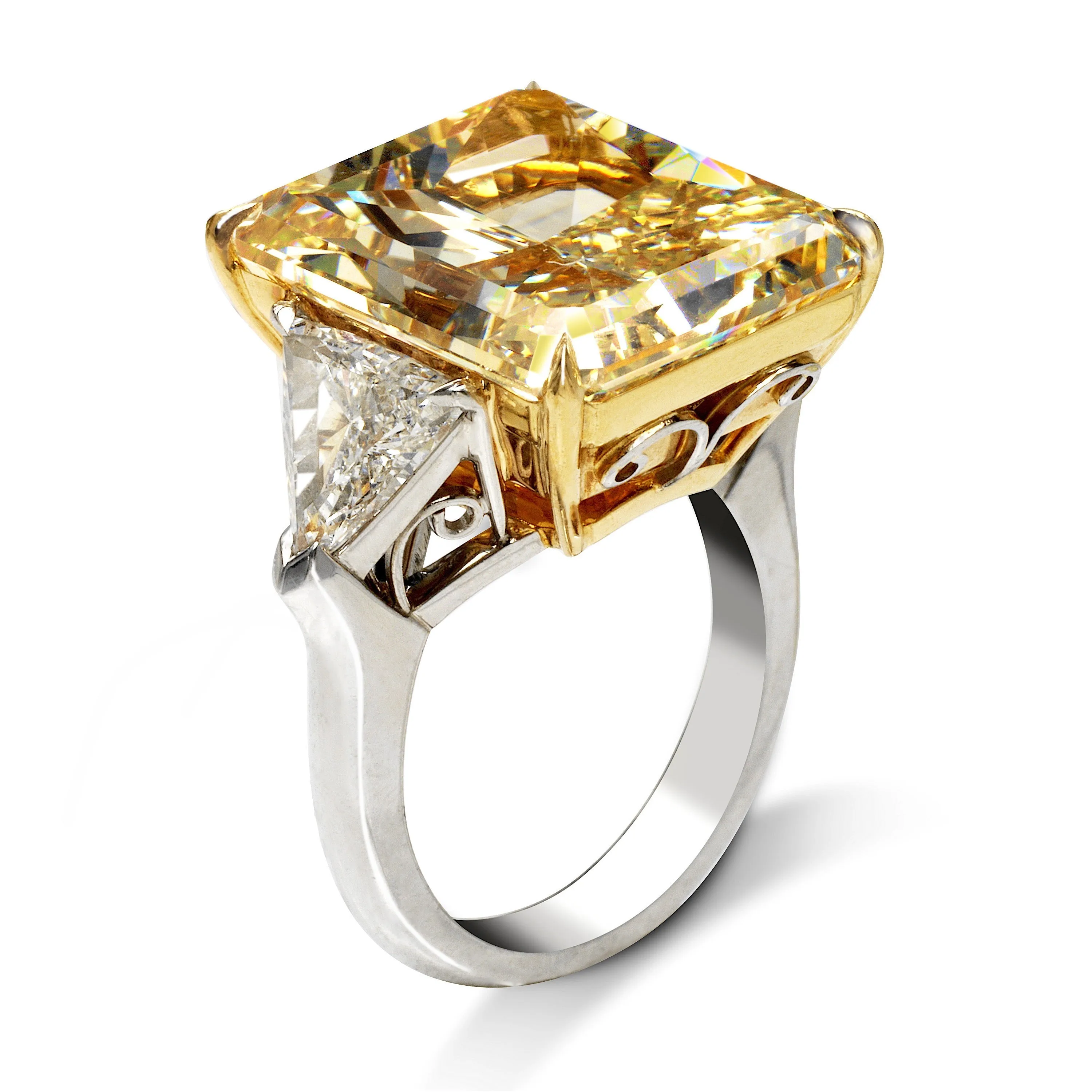 VERONA 23 CARAT RADIANT CUT FANCY YELLOW COLOR VS1 CLARITY DIAMOND ENGAGEMENT RING PLATINUM & 18K GOLD GIA CERTIFIED 20 CT FY VS1 BY MIKE NEKTA