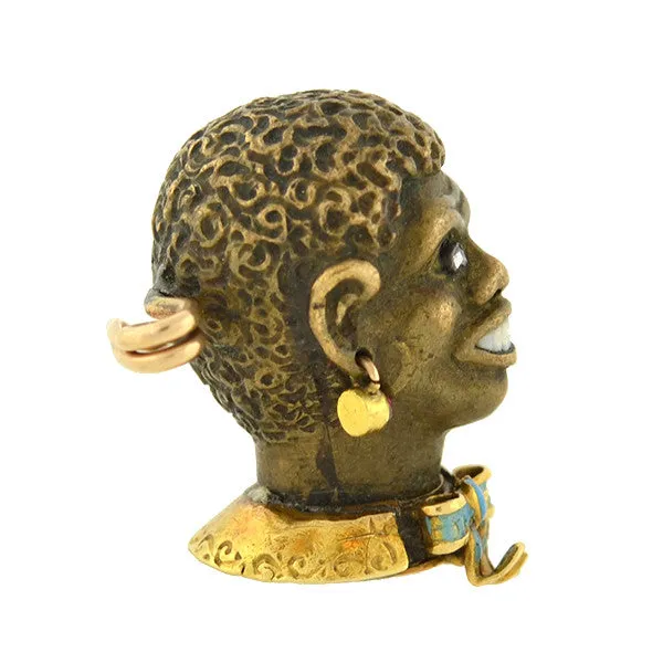 Victorian 14kt Bronze Enamel & Gemstone Blackamoor Pin