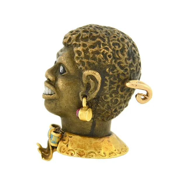 Victorian 14kt Bronze Enamel & Gemstone Blackamoor Pin