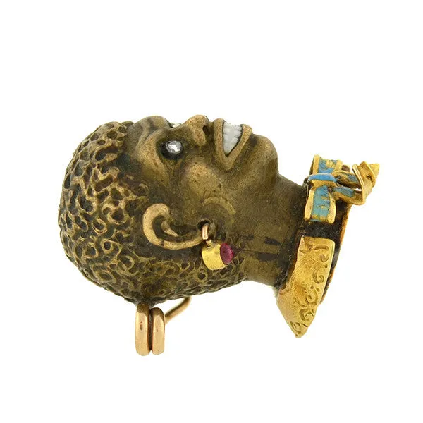 Victorian 14kt Bronze Enamel & Gemstone Blackamoor Pin