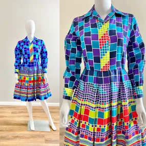 Vintage 1960s Shirtdress / 60s retro blue and purple abstract dress / Size S M