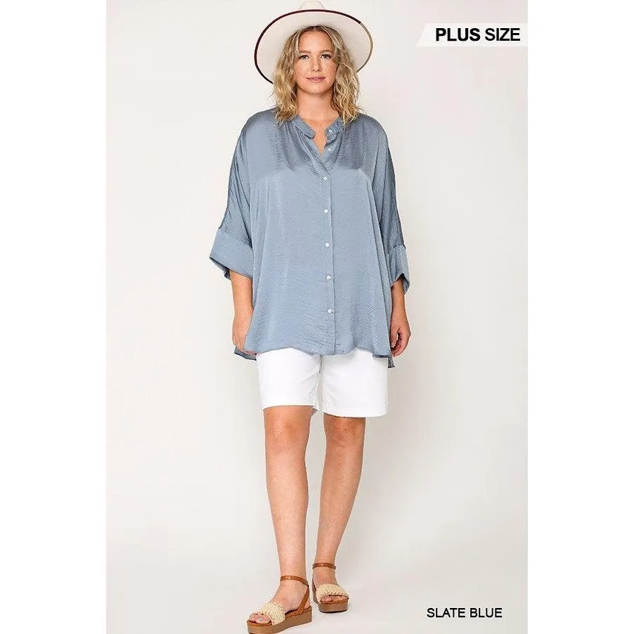 Washed Satin Button Down Loose Fit Top With Hi-lo Hem