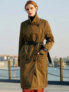 Women Lambskin Belt Down Parka Coat,Army Green Long Down Coat Jacket,Double Breasted Down Coat,Warm Winter Coat,Down Puffer Coat,Outerwear