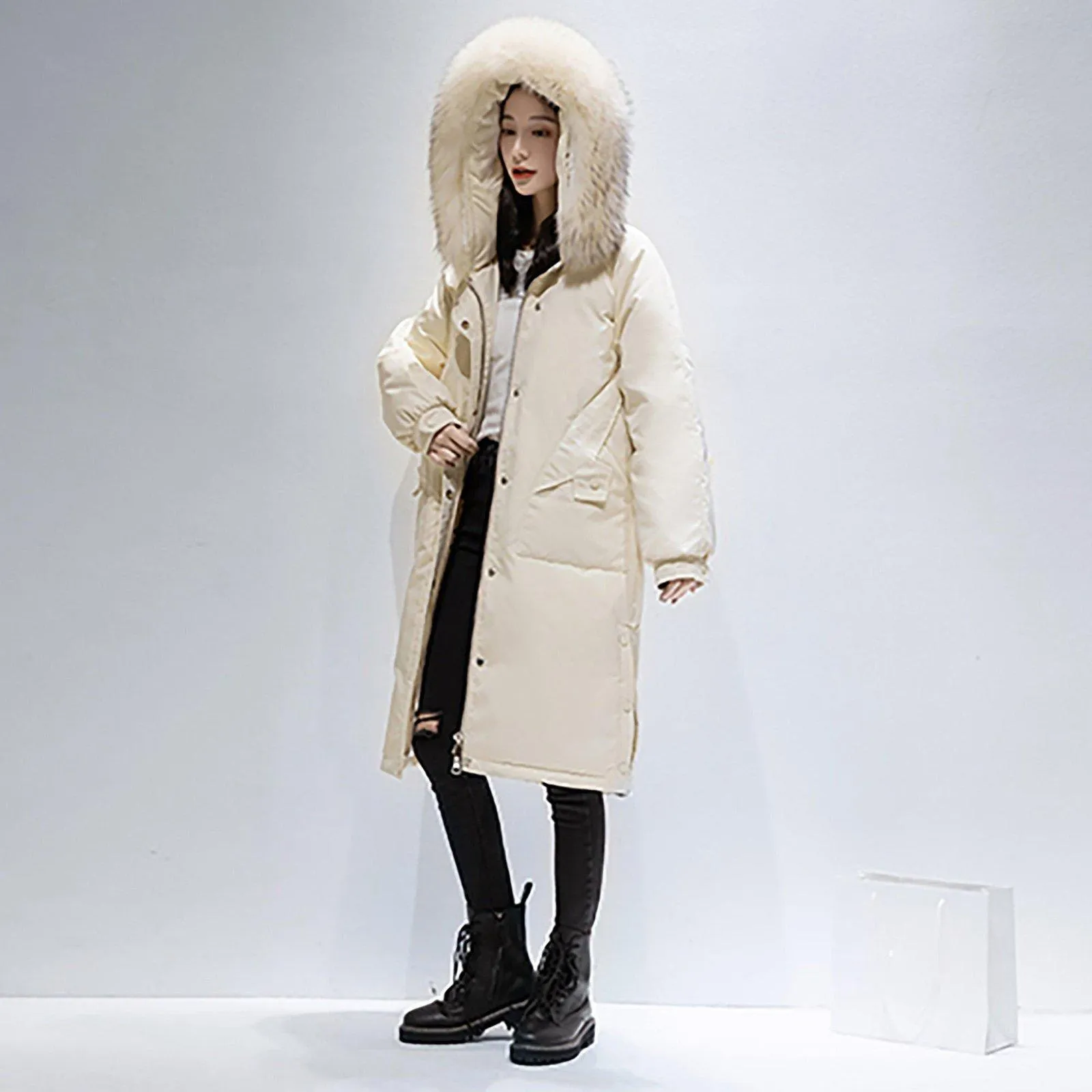 Women's Hooded Parka Long Down Coat,Black fur Hood Down Puffer Coat,Quilted Down Parka Coat,White Fur Collar Hood Down Coat,Warm winter coat