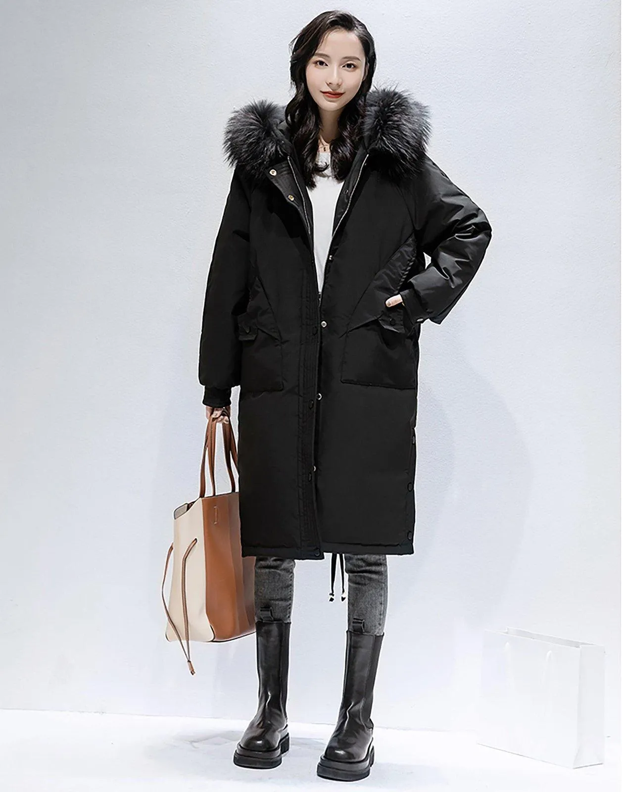 Women's Hooded Parka Long Down Coat,Black fur Hood Down Puffer Coat,Quilted Down Parka Coat,White Fur Collar Hood Down Coat,Warm winter coat