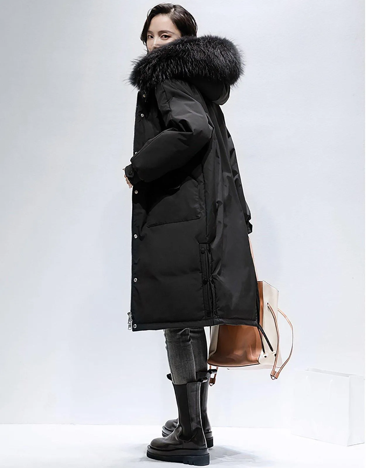 Women's Hooded Parka Long Down Coat,Black fur Hood Down Puffer Coat,Quilted Down Parka Coat,White Fur Collar Hood Down Coat,Warm winter coat